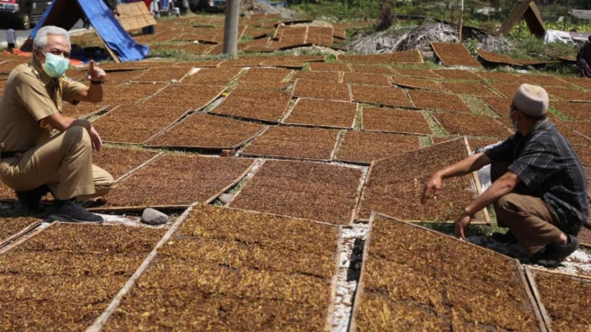 Ganjar saat berbincang dengan petani tembakau asal Wonosobo.