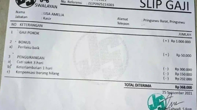 Viral Lisa Amelia Dipecat Gara-gara Posting Slip Gaji (Facebook/Uni Kasih)