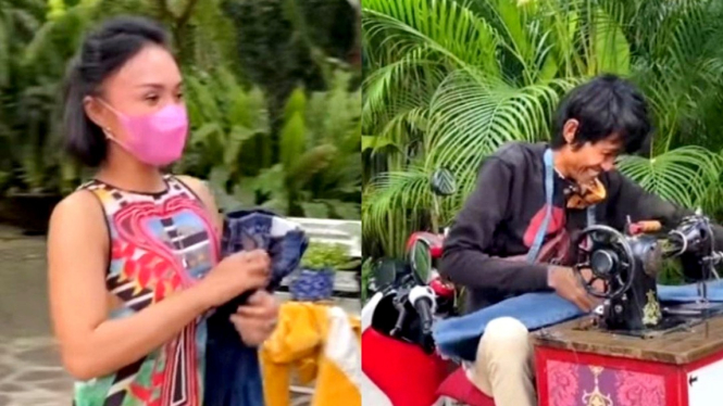 Viral, serunya Yuni Shara permak pakaian di tukang jahit keliling