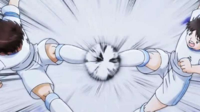 Tendangan kembar Tsubasa Ozora dan Taro Misaki.