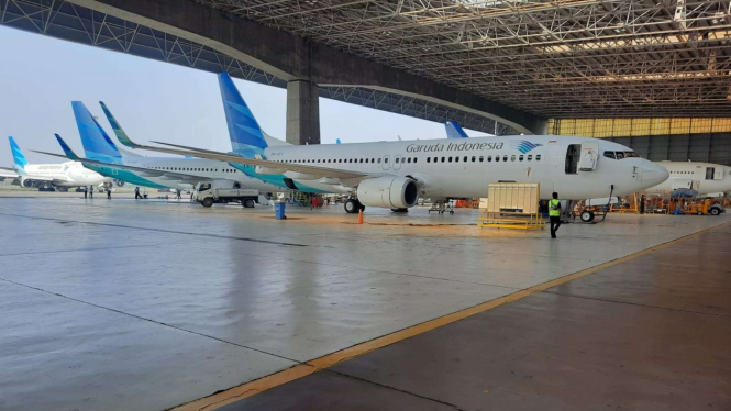 pesawat Garuda Indonesia di Bengkel GMF AeroAsia.