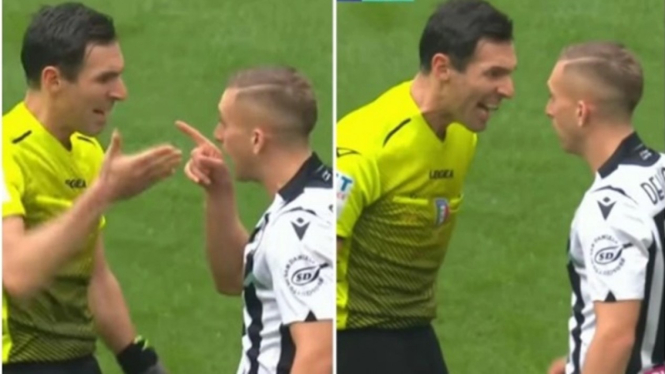 Wasit teriak balik ke arah pemain Udinese, Gerard Deulofeu