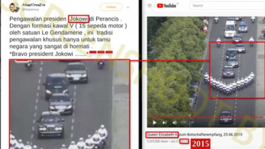 Tangkapan layar (screenshot) sebuah akun media sosial yang mengunggah foto konvoi kendaraan dan pasukan pengawal yang diklaim sebagai pengawal khusus Preside Joko Widodo selama kunjungan kenegaraan di Perancis.