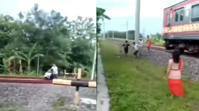 Viral Emak-emak Panik Lihat Pemotor di Tengah Rel Kereta Api