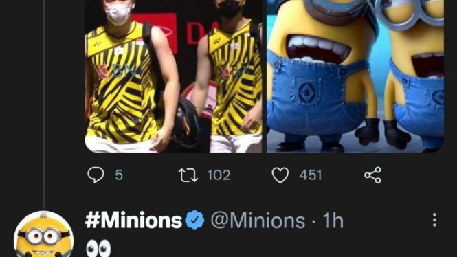 Akun Minions ikut kepo dengan sukses Kevin Sanjaya Sukamuljo/Marcus Fernaldi