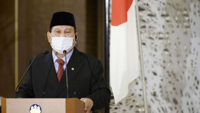 Menteri Pertahanan Indonesia Prabowo Subianto berbicara pada upacara penandatanganan pertemuan antara Jepang dan Indonesia di Wisma Likura, di Tokyo, Jepang (30/03/2021). (Supplied: David Mareuil/Pool via REUTERS)
