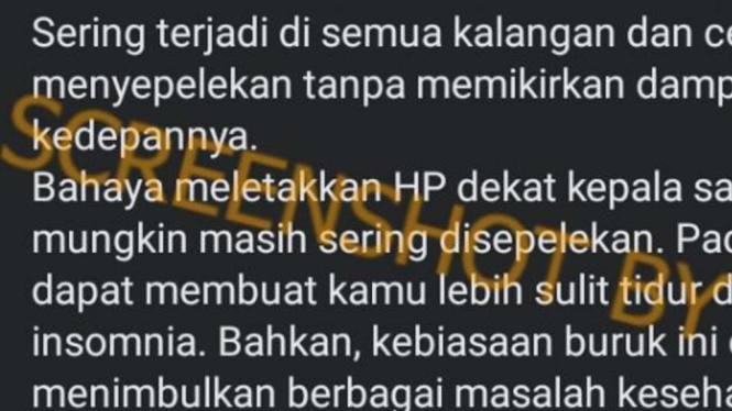 Tangkapan layar (screeshot) sebuah narasi melalui grup Facebook Ruang Pengetahuan yang menjelaskan bahaya dari menyimpan ponsel genggam dekat kepala saat sedang tidur.