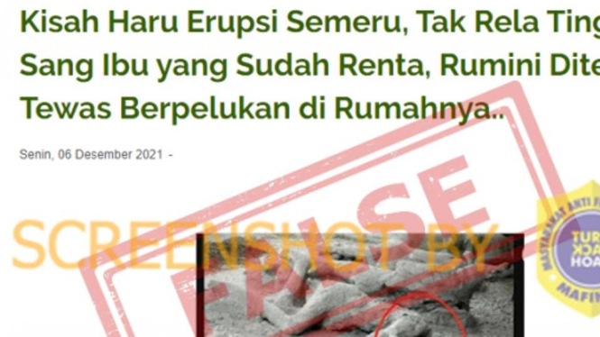 Tangkapan layar (screenshot) sebuah laman yang menampilkan foto dan artikel berjudul “Kisah Haru Erupsi Semeru, Tak Rela Tinggalkan Sang Ibu yang Sudah Renta, Rumini Ditemukan Tewas Berpelukan di Rumahnya..”