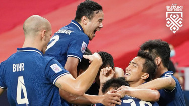 Selebrasi pemain Thailand usai bobol gawang Vietnam di Piala AFF