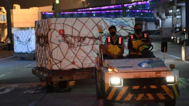 Petugas kargo di Bandara Soekarno-Hatta, Tangerang, Banten, memindahkan paket kargo berisi jutaan dosis vaksin AstraZeneca.