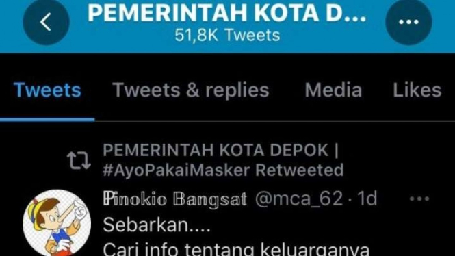 Tangkapan layar akun Twitter Pemkot Depok me-retweet.