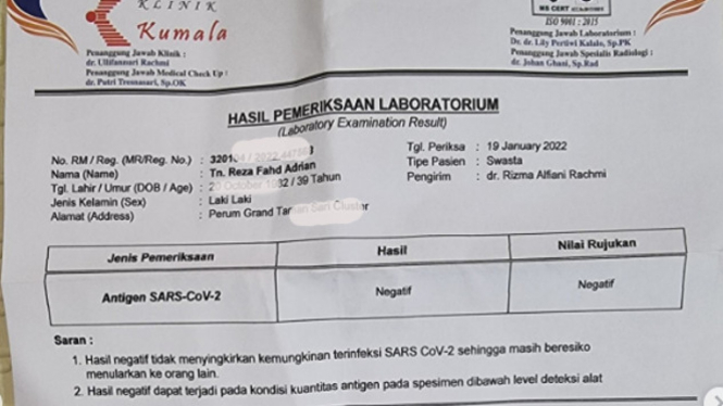 Hasil Swab Antigen Reza Fahd Adrian