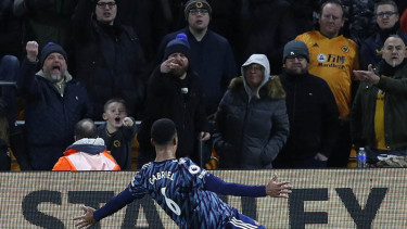 Selebrasi Gabriel Martinelli usai bobol gawang Wolverhampton Wanderers