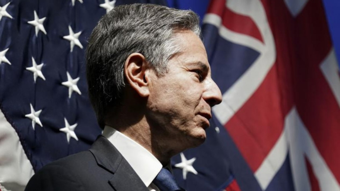 Menteri Luar Negeri AS Antony Blinken saat berkunjung ke Melbourne, Australia, Kamis (10/02/2022) bersamaan dengan pengumuman persetujuan penjualan persenjataan militer ke Indonesia. (Kevin Lamarque: Pool Photo via AP)