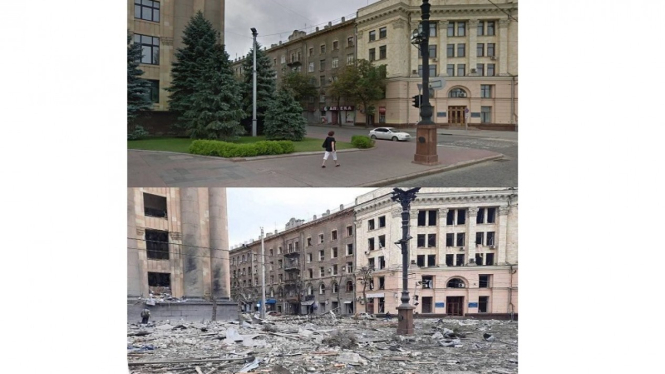 Gedung administrasi regional di Kharkiv, Ukraina, hancur dirudal Rusia