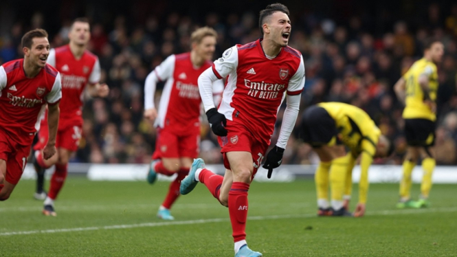 Selebrasi pemain Arsenal usai bobol gawang Watford