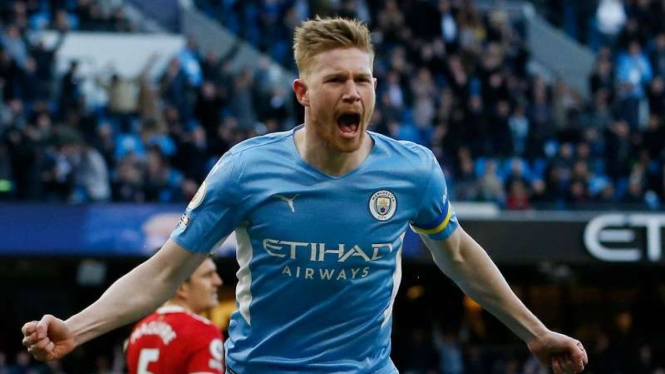 Gelandang Manchester City, Kevin De Bruyne rayakan gol