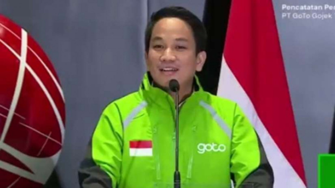 CEO Grup GoTo, Andre Soelistyo saat IPO GoTo di BEI.