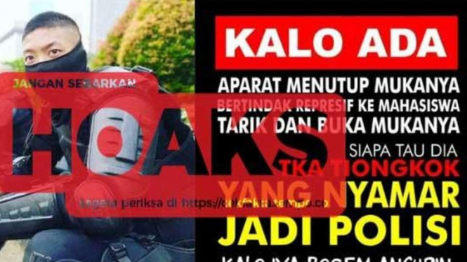 Tangkapan layar (screenshot) unggahan sebuah foto dengan keterangan bahwa TKA China mengambil bagian dalam pengamanan demonstrasi mahasiswa menyebar di internet pada hari saat mahasiswa berunjuk rasa pada Senin, 11 April 2022.