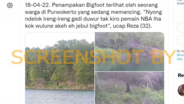Tangkapan layar (screenshot) sebuah akun Twitter mengunggah cuitan berupa beberapa foto yang diklaim sebagai penampakan bigfoot yang terlihat di Purwokerto pada 18 April 2022.