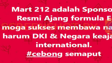 Tangkapan layar (screenshot) akun Facebook mengunggah postingan berupa narasi yang mengklaim bahwa 212 Mart merupakan sponsor resmi ajang balap Formula E yang akan dilangsungkan di Jakarta pada Juni 2022.