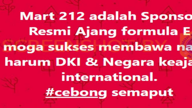 Tangkapan layar (screenshot) akun Facebook mengunggah postingan berupa narasi yang mengklaim bahwa 212 Mart merupakan sponsor resmi ajang balap Formula E yang akan dilangsungkan di Jakarta pada Juni 2022.