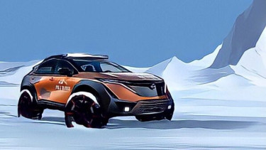 Ilustrasi gambar mobil Nissan Ariya di tempat ekstrem