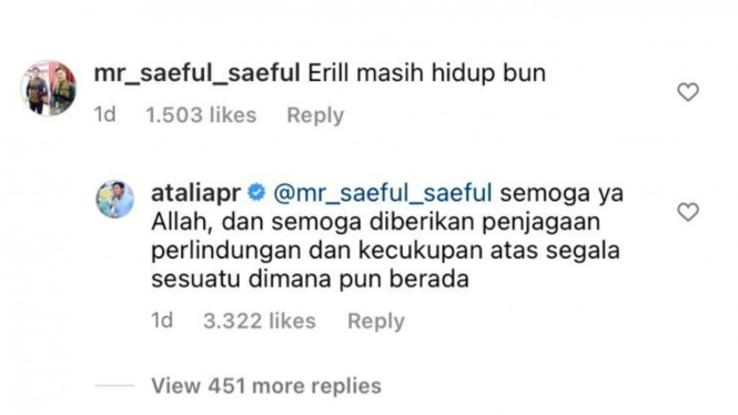 Balasan komentar Atalia ibu dari Eril kepada warganet