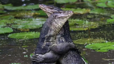 Berpelukan merupakan cara berkelahi biwak air (Varanus Salvator)