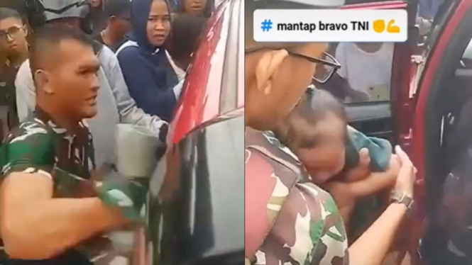Tangkap layar. TNI selamatkan bocah terkunci di mobil tuai pujian warganet