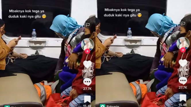 Penumpang kereta selonjoran ke kursi ibu-ibu