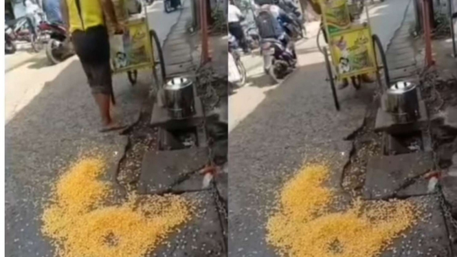 Viral gerobak tukang jasuke tumpah ditabrak truk