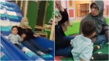ibu dan anak ditatap tajam usai menabrak seorang wanita di perosotan