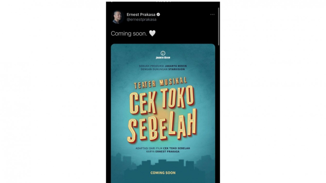Ernest Prakasa mengunggah poster Cek Toko Sebelah Teater Musikal