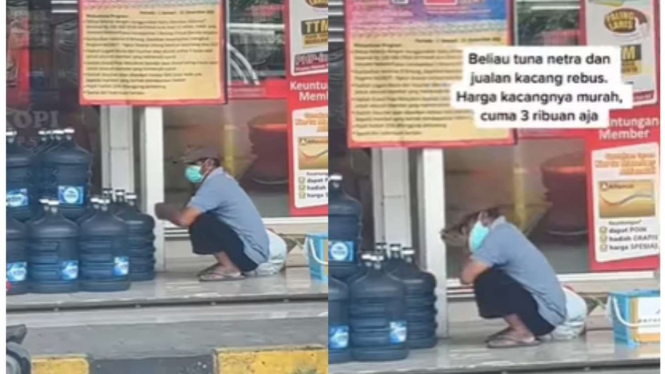 Seorang tunanetra tayamum di depan swalayan hendak ingin salat