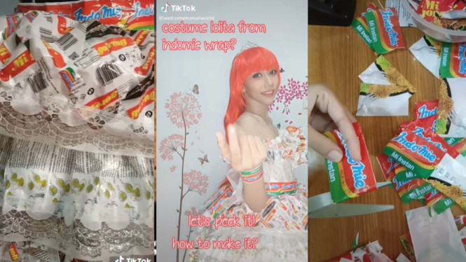 Wanita membuat gaun berbahan bungkus Indomie viral