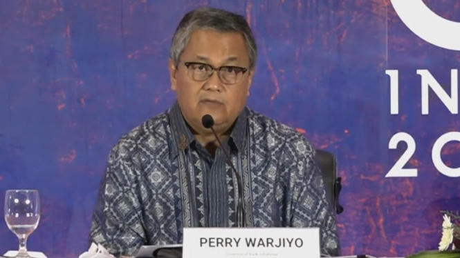 Gubernur Bank Indonesia (BI) Perry Warjiyo saat konferensi pers hasil pertemuan 3rd FMCBG G20.