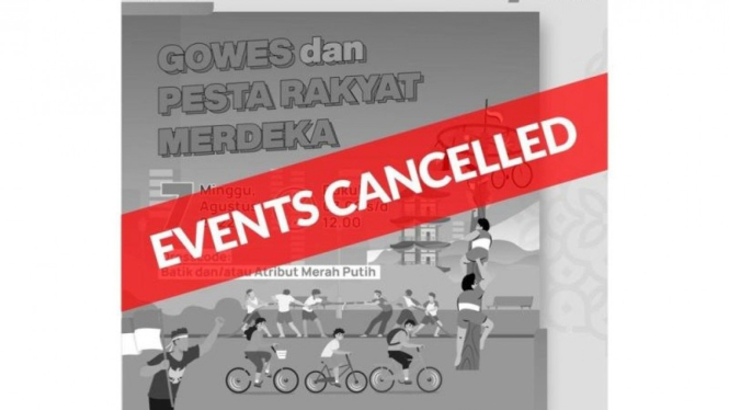 Poster yang berisi pengumuman pembatalan kegiatan Gowes dan Pesta Rakyat Merdeka oleh KJRI Osaka akibat lonjakan kasus COVID-19 di Jepang.