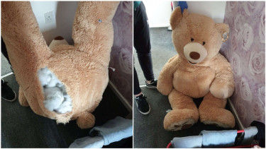 seorang pria bersembunyi di dalam boneka beruang