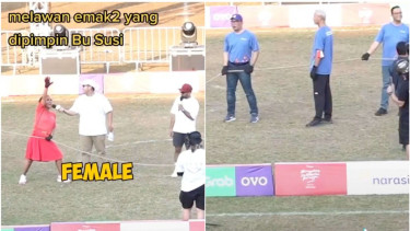 Tim Susi Pudjiastuti menang saat lomba tarik tambang melawan tim Ganjar Pranowo