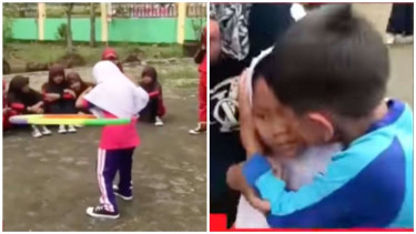 kakak beradik berpelukan usai memenangkan lomba