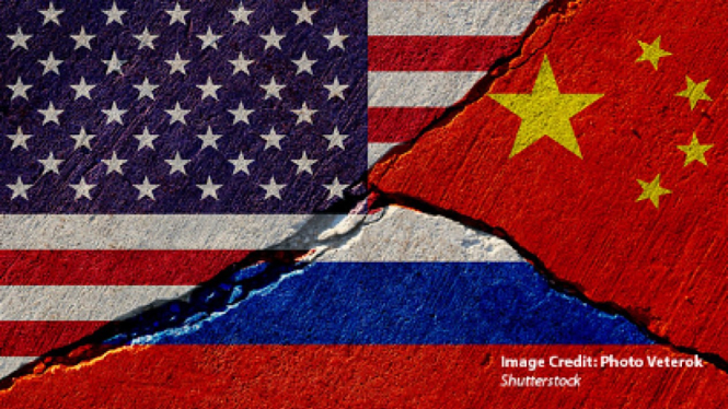 Bendera AS, Rusia, dan China.