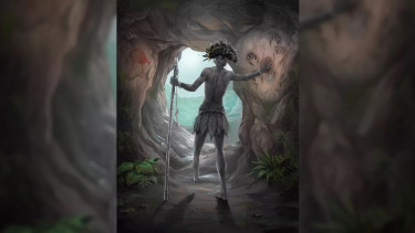 Ilustrasi anak era pemburu-pengumpul yang diamputasi di Kalimantan.