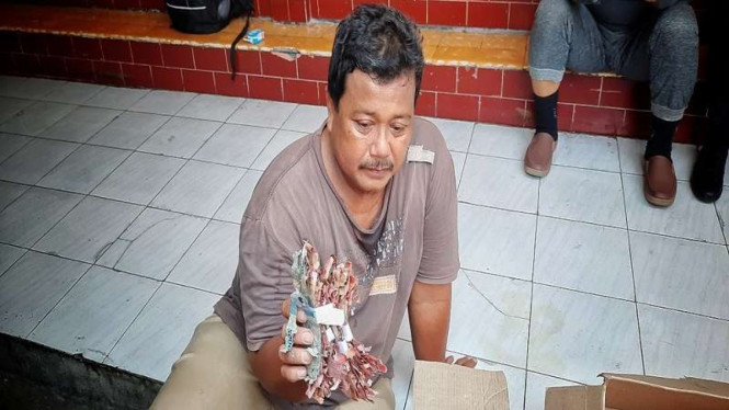 Penjaga sekolah, Samin, menunjukkan uang tabungan yang dimakan rayap.