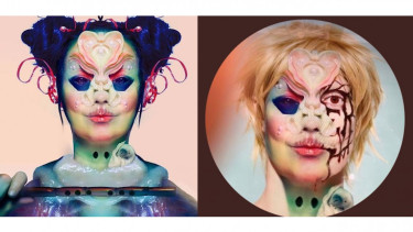Cover album Bjork 'Utopia' (kiri) dan avatar Twitter hacker Bjorka (kanan).
