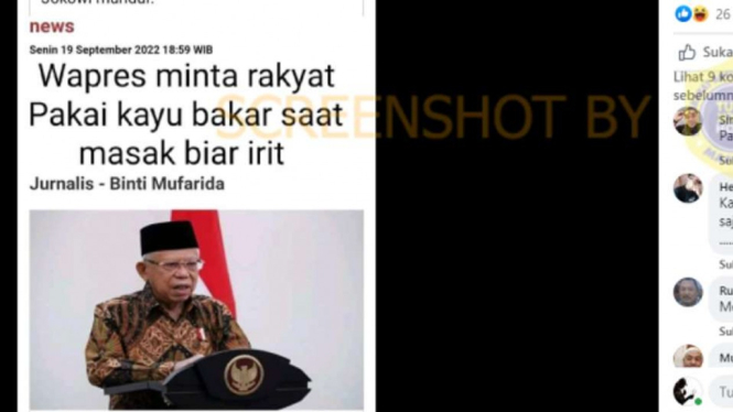 Jepretan layar sebuah akun Facebook mengunggah tangkapan layar sebuah artikel media online berjudul “Wapres Minta Rakyat Pakai Kayu Bakar Saat Masak biar Irit”.
