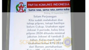 Jepretan layar sebuah akun Twitter mengunggah foto yang berisi narasi bahwa PKI menganggarkan Rp5 triliun untuk memuluskan masa jabatan Presiden Joko Widodo (Jokowi) hingga tiga periode.
