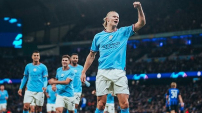 Selebrasi Erling Braut Haaland usai bobol gawang Copenhagen