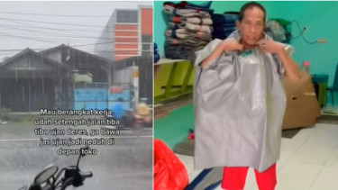 Viral wanita ini dibuatkan jas hujan dari terpal