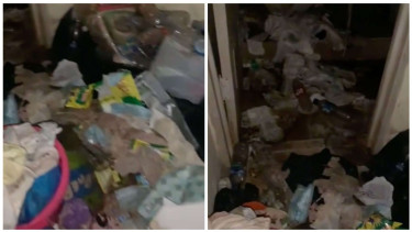 kondisi kamar kos wanita yang penuh tumpukan sampah 